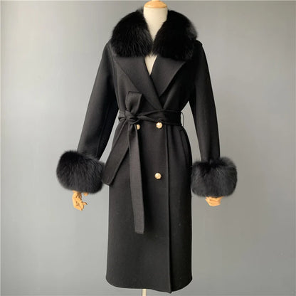 Women's Cashmere Wool Coat Spring Real Fox Fur Collar Woolen Trench Jacket Winter Adjustable Waist Slim Ladies Long Overcoat