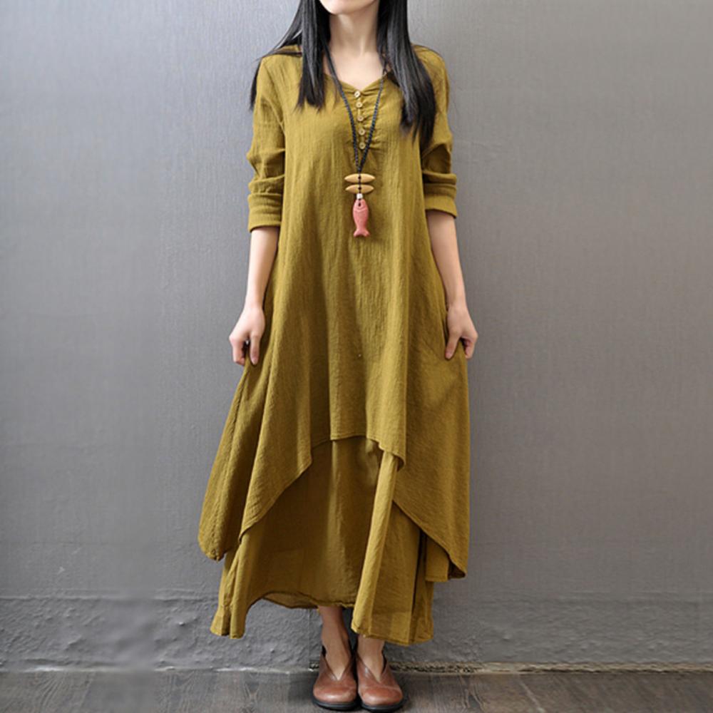 Spring Summer Women Long Cotton Linen Dress