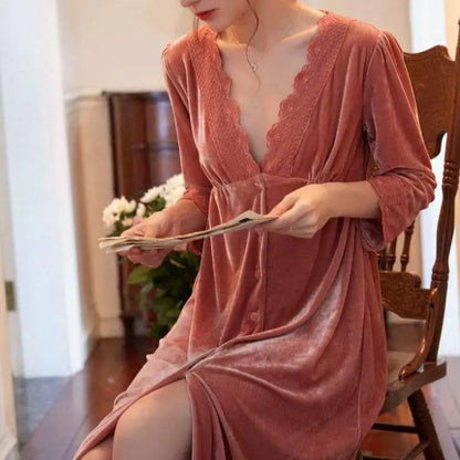 Autumn New Velvet Sleepwear Women Nightgown Sexy Nightdress Intimate Lingerie Loose Sleep Dress Home Dressing Gown With Lace