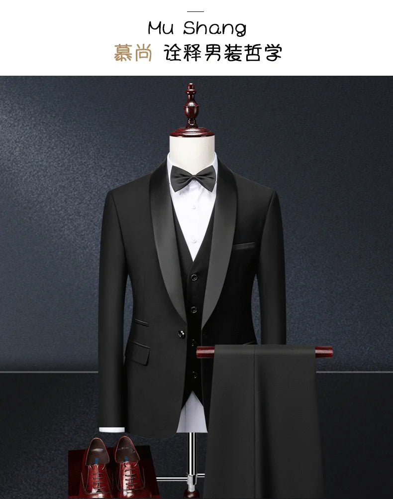 Men Skinny 3 Pieces Set Formal Slim Fit Tuxedo Prom Suit / Male Groom Wedding Blazers High Quality Dress Jacket Coat Pants Vest