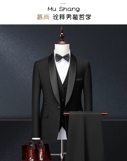 Men Skinny 3 Pieces Set Formal Slim Fit Tuxedo Prom Suit / Male Groom Wedding Blazers High Quality Dress Jacket Coat Pants Vest