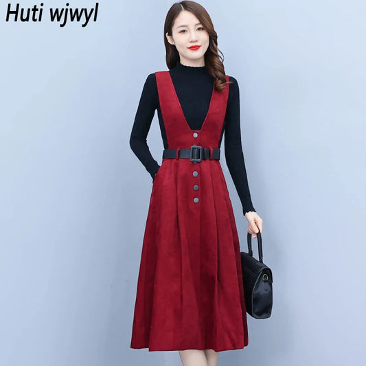 New Woolen Vest Dress Sweater Two-piece Suit Autumn Winter Vintage Casual Dress Women Thick Warm Bodycon Party Fashion Sets