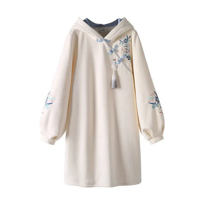 Women's Winter Chinese Style Hoodies Sweatshirt Daily Dress Hanfu Long Sleeve Embroidery Oversized Thick Cheongsam Vestidos