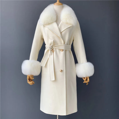 Women's Cashmere Wool Coat Spring Real Fox Fur Collar Woolen Trench Jacket Winter Adjustable Waist Slim Ladies Long Overcoat