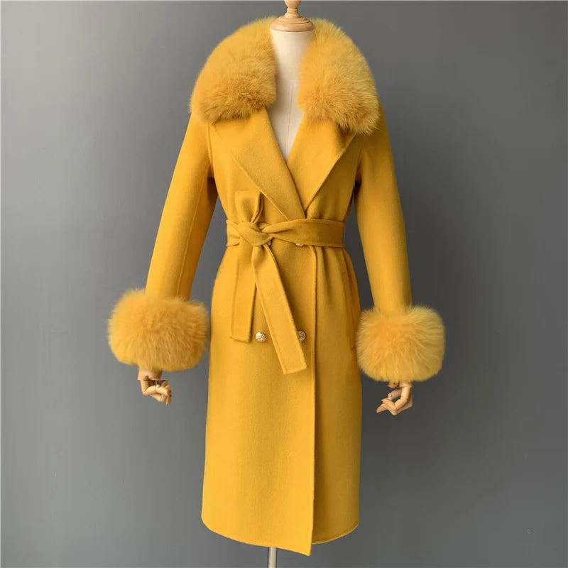 Women's Cashmere Wool Coat Spring Real Fox Fur Collar Woolen Trench Jacket Winter Adjustable Waist Slim Ladies Long Overcoat