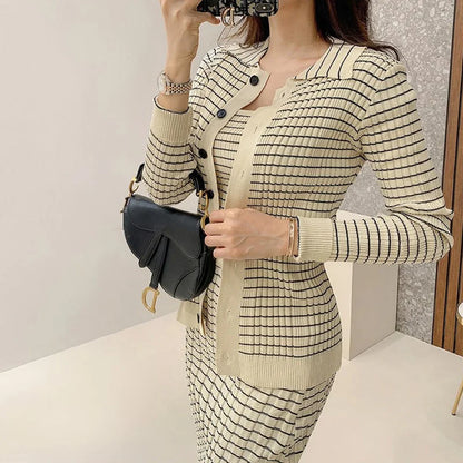 H Han Queen Korean Knitting 3 Pieces Set Women Knitted Sling + Cardigan And Pencil Skirts Casual Simple Office Lady Skirt Suit