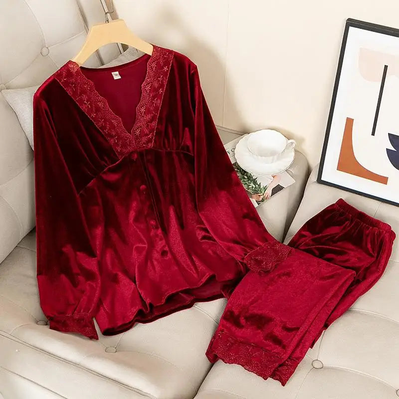 Velvet 2PCS Pajamas Set Women Autumn Winter Sleepwear Nightwear Casual Sleep Set Loose Soft Bathrobe Long Sleeve Shirt&pant