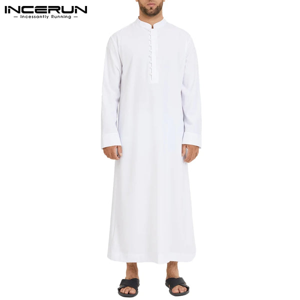 Muslim Men Jubba Thobe Long Sleeve Solid Color Breathable Robes 2025 Stand Collar Islamic Arabic Kaftan Men Abaya S-5XL INCERUN