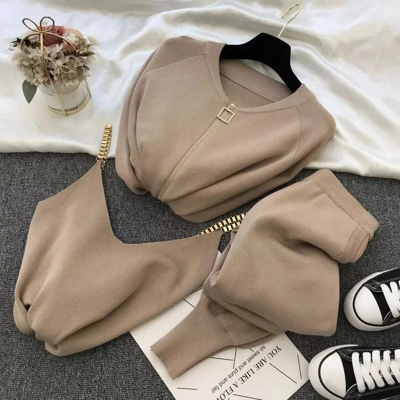 Chic New 3pcs Knitting Suit Long-Sleeved Zip Jacket Cardigans+Tank Top+Pants Women Fashion Solid Lounge Set Casual Tracksuits