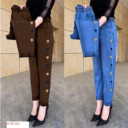 WinterEmbroidery Jeans Women's  Elastic High Waist Jeans 5XL FashionWomen Black Blue Pocket Mom Jeans Skinny Stretch Pants Women