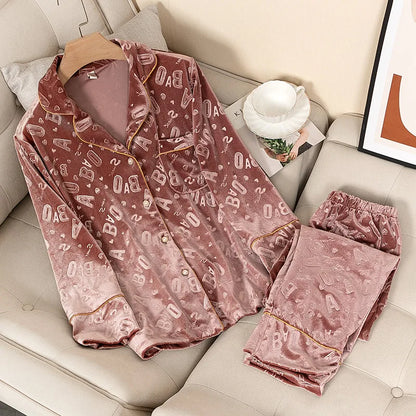 Velvet 2PCS Pajamas Set Women Autumn Winter Sleepwear Nightwear Casual Sleep Set Loose Soft Bathrobe Long Sleeve Shirt&pant