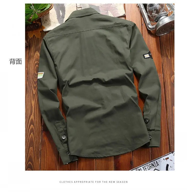 Men's Military Casual Shirt Cotton Khaki Retro Slim Fit Pocket Long Sleeve Streetwear