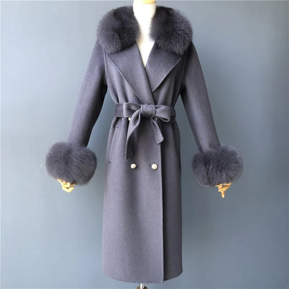 Women's Cashmere Wool Coat Spring Real Fox Fur Collar Woolen Trench Jacket Winter Adjustable Waist Slim Ladies Long Overcoat