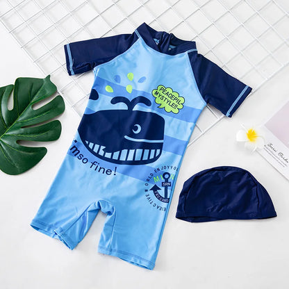 Baby Swimsuit One-Piece Bathing Suit Boy with Sun Cap UPF50 UV Protection Long Sleeve Dinosaur Children's Swimwear for Toddlers