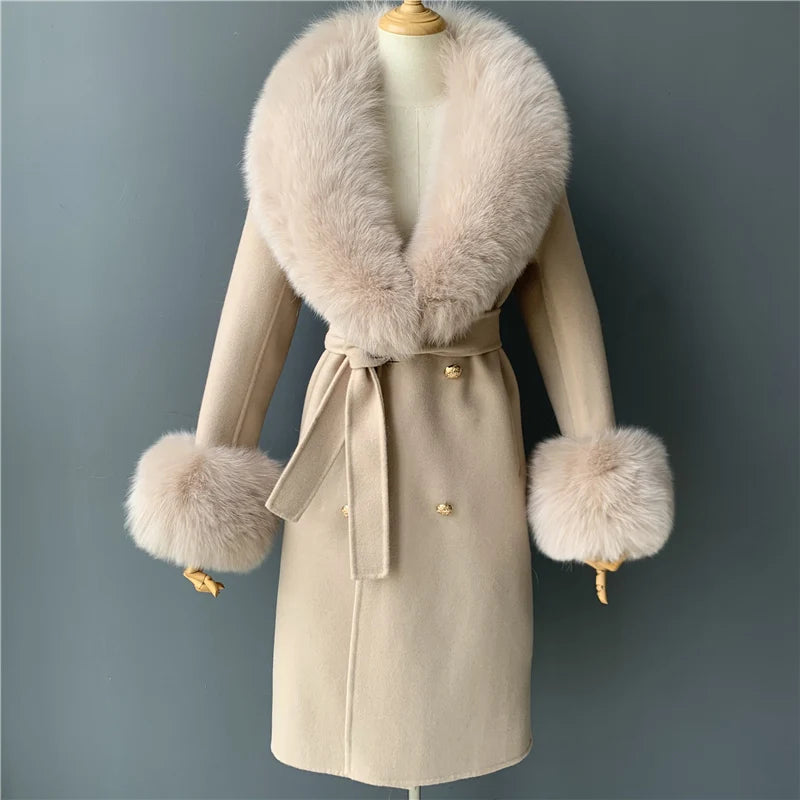 Women's Cashmere Wool Coat Spring Real Fox Fur Collar Woolen Trench Jacket Winter Adjustable Waist Slim Ladies Long Overcoat