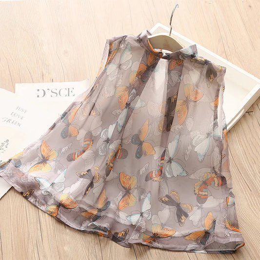 2025 Summer New 3 4 5 6 8 10 12 Years Sweet Stand Collar Sleeveless Loose Floral Thin Baby Kids Girls Blouse Chiffon Shirt