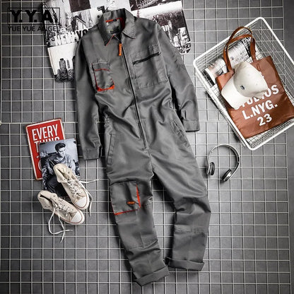 Men Long Sleeve Cargo Overalls Bib Pants Zipper Pockets Rompers Jumpsuit Fashion Labor Casual Coveralls Plus Size S-4xl