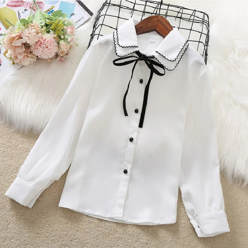 Long Sleeve Baby Girls Blouses Spring Autumn Chiffon Kids White Shirts Leisure Teens Tops Children Clothes for 6 8 10 12 Years