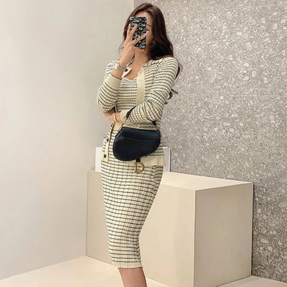 H Han Queen Korean Knitting 3 Pieces Set Women Knitted Sling + Cardigan And Pencil Skirts Casual Simple Office Lady Skirt Suit