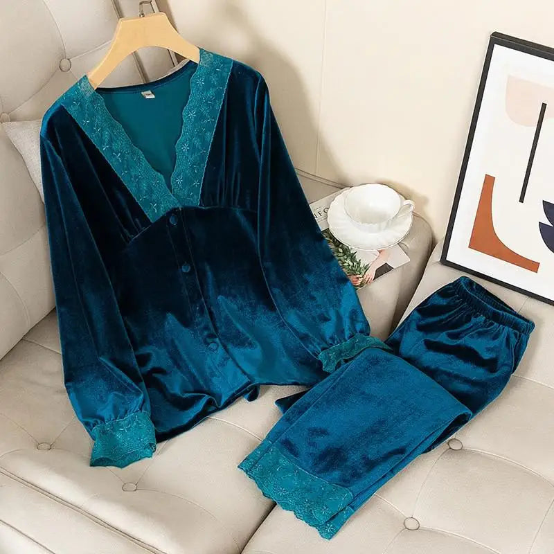 Velvet 2PCS Pajamas Set Women Autumn Winter Sleepwear Nightwear Casual Sleep Set Loose Soft Bathrobe Long Sleeve Shirt&pant