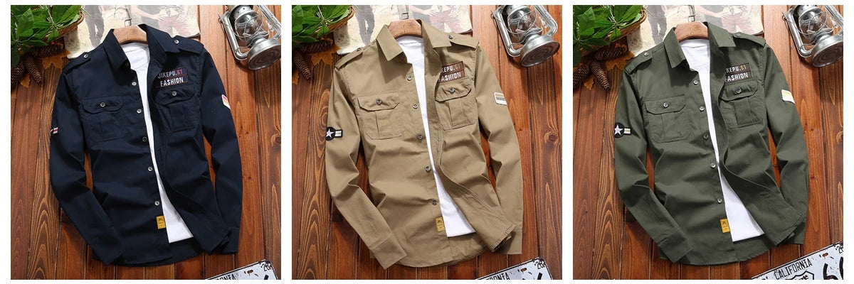 Men's Military Casual Shirt Cotton Khaki Retro Slim Fit Pocket Long Sleeve Streetwear