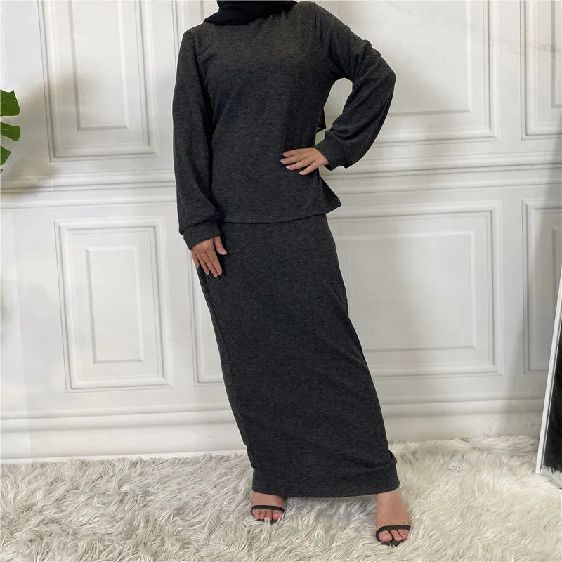 Turkey Turtleneck Tops Long Skirt 2 Pieces Set for Women Autumn Winter Warm Muslim Outfits Tracksuit Islam Dress Abaya Robe Suit