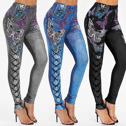 Skinny High Waist Women Pants Butterfly Print Lace-up Elastic Jogging Sports Trousers Hip Lift Jeans Women Pencil Pants