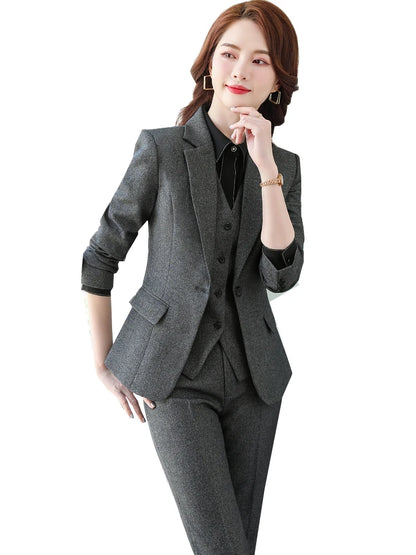 Black Blue Gray 3 Piece Set Women Pant Suit Office Ladies Formal Business Work Career Wear Vest Blazer Jacket and Trousers