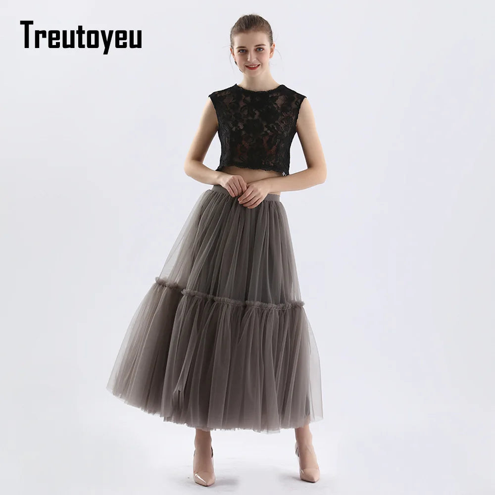 Maxi Long Tulle Skirts for Women Black Gothic Pleated Skirt Casual Party Fairycore Summer Winter Jupe Longue Falda Mujer