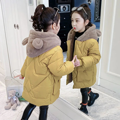 4 5 6 7 8 9 10 11 12 Years Winter Girls Jacket Plus Velvet Keep Warm Cute Bear Hooded Little Princess Coat Children's Clothing