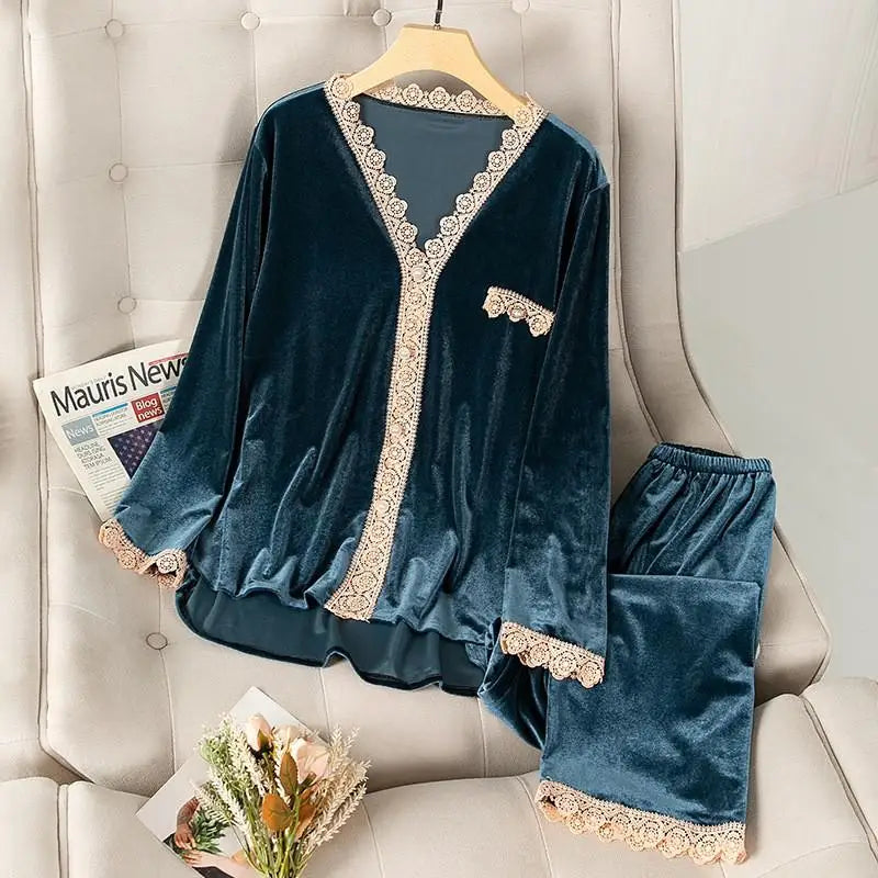 Velvet 2PCS Pajamas Set Women Autumn Winter Sleepwear Nightwear Casual Sleep Set Loose Soft Bathrobe Long Sleeve Shirt&pant