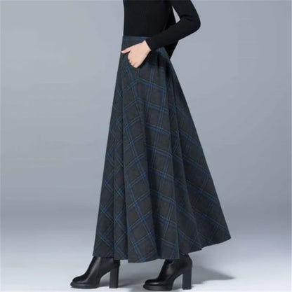 Mom High Waist Woolen plaid Skirts Autumn Winter Women's 3XL Wool Maxi Skirts Female Fashion Casual Long Streetwear