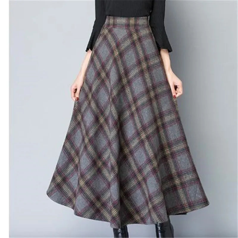 Mom High Waist Woolen plaid Skirts Autumn Winter Women's 3XL Wool Maxi Skirts Female Fashion Casual Long Streetwear