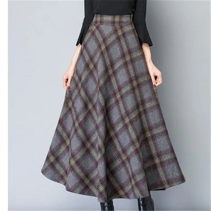 Mom High Waist Woolen plaid Skirts Autumn Winter Women's 3XL Wool Maxi Skirts Female Fashion Casual Long Streetwear