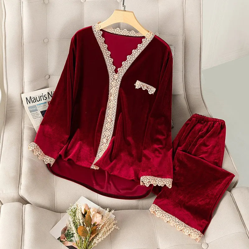 Velvet 2PCS Pajamas Set Women Autumn Winter Sleepwear Nightwear Casual Sleep Set Loose Soft Bathrobe Long Sleeve Shirt&pant