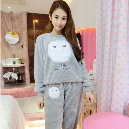 Autumn Winter Pajamas Set Women Sleep Shirt & Pant Set Sleepwear Warm Flannel Nightgown Female Cartoon Bear Animal Pijamas