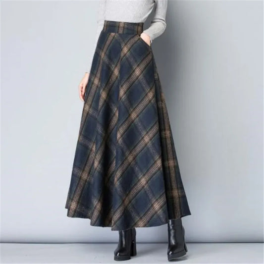 Mom High Waist Woolen plaid Skirts Autumn Winter Women's 3XL Wool Maxi Skirts Female Fashion Casual Long Streetwear