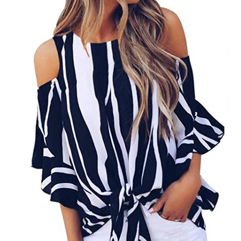 Women Chiffon Blouses Off Shoulder Ruffles Half Sleeve Sexy Round Neck Bowknot Striped Shirt Tops for Daily Wear Black Plus Size