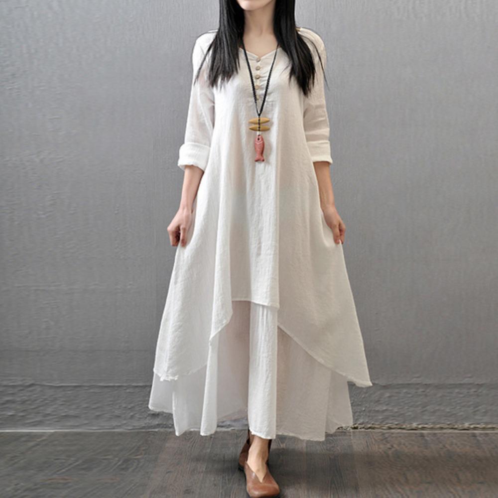 Spring Summer Women Long Cotton Linen Dress