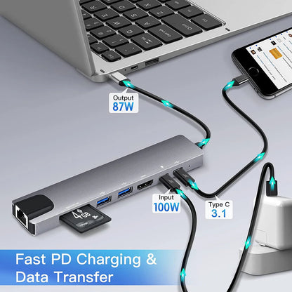 USB C Hub 8 In 1 Type C 3.1 To 4K HDMI Adapter with RJ45 SD/TF Card Reader PD Fast Charge for MacBook Notebook Laptop Computer