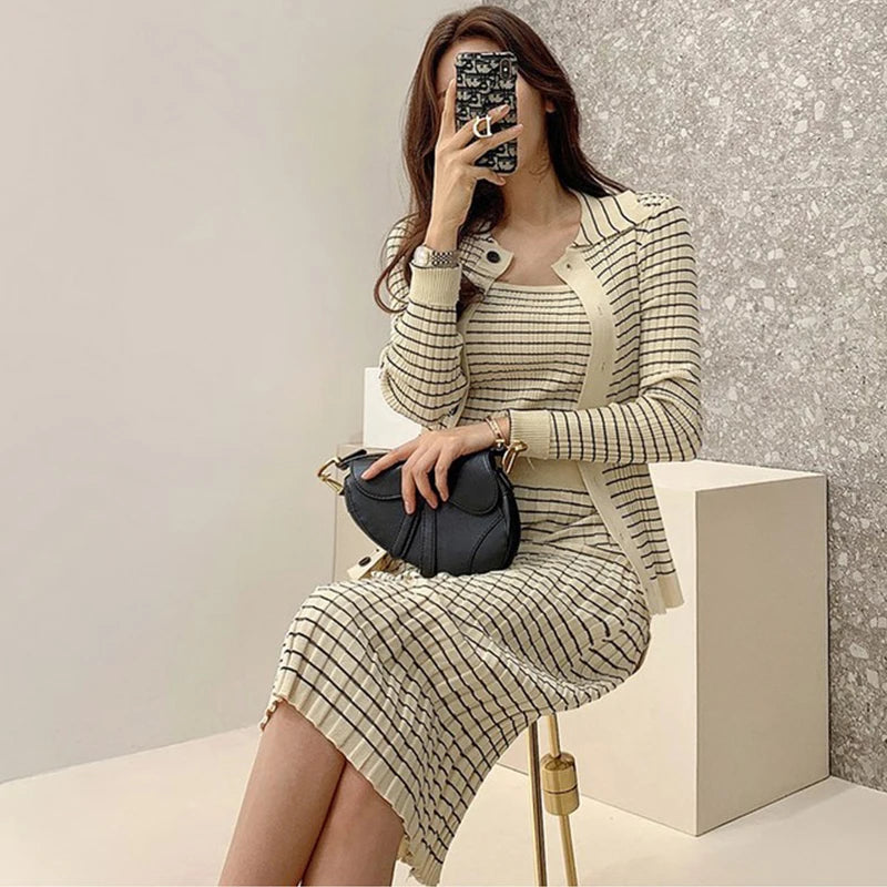 H Han Queen Korean Knitting 3 Pieces Set Women Knitted Sling + Cardigan And Pencil Skirts Casual Simple Office Lady Skirt Suit