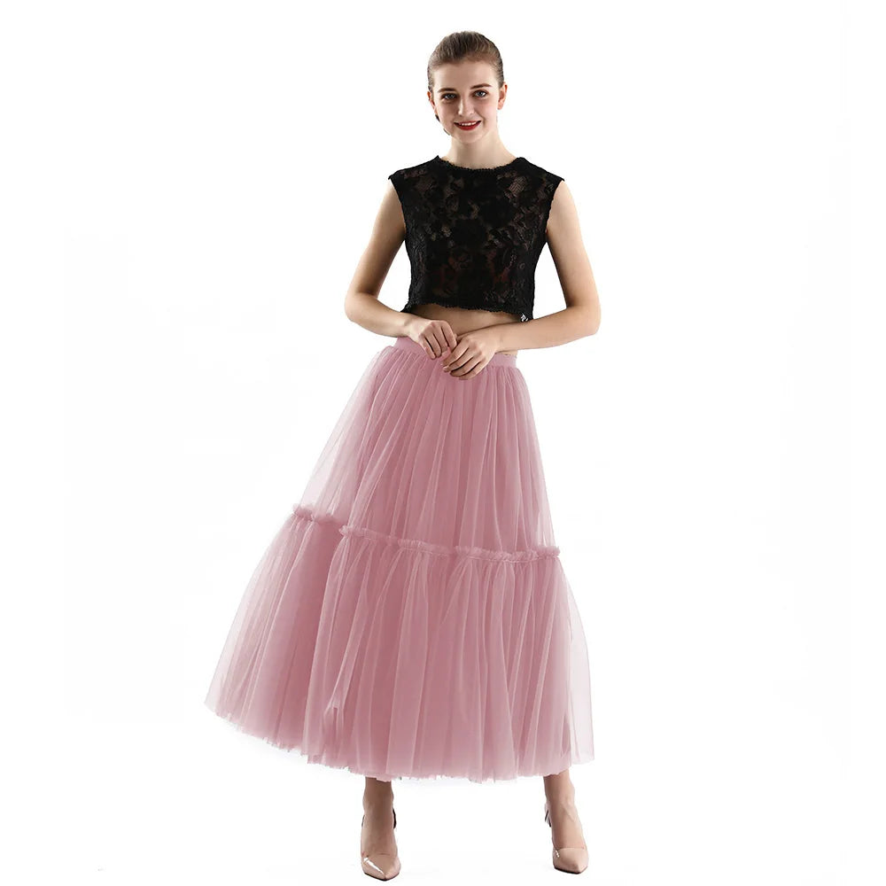 Maxi Long Tulle Skirts for Women Black Gothic Pleated Skirt Casual Party Fairycore Summer Winter Jupe Longue Falda Mujer