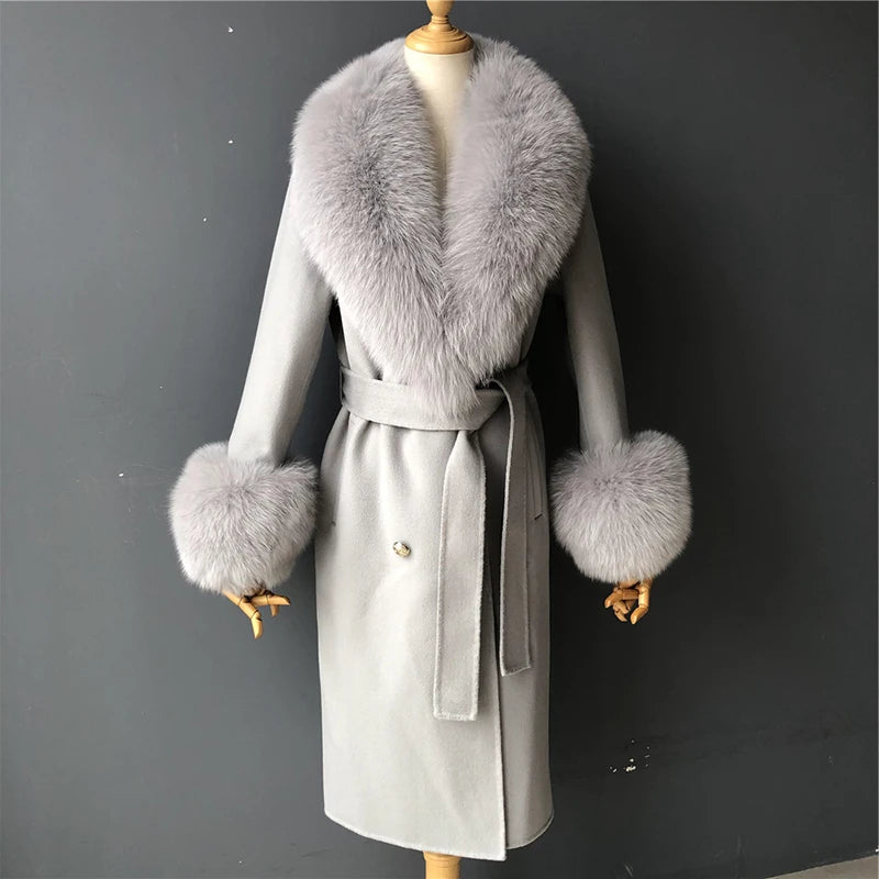 Women's Cashmere Wool Coat Spring Real Fox Fur Collar Woolen Trench Jacket Winter Adjustable Waist Slim Ladies Long Overcoat