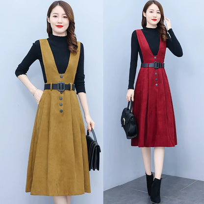 New Woolen Vest Dress Sweater Two-piece Suit Autumn Winter Vintage Casual Dress Women Thick Warm Bodycon Party Fashion Sets