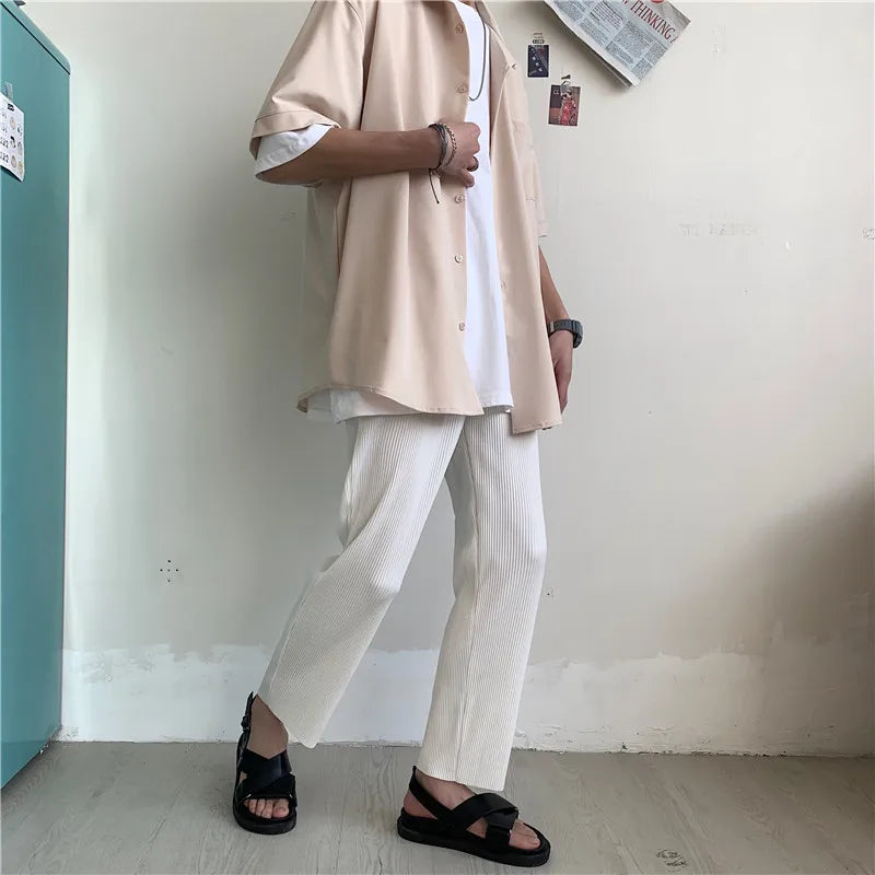 Pleated Straight Pants Men Oversized Casual Pants Men Japanese Streetwear Loose Ice Silk Pants Mens Wide Leg Trousers S-2XL