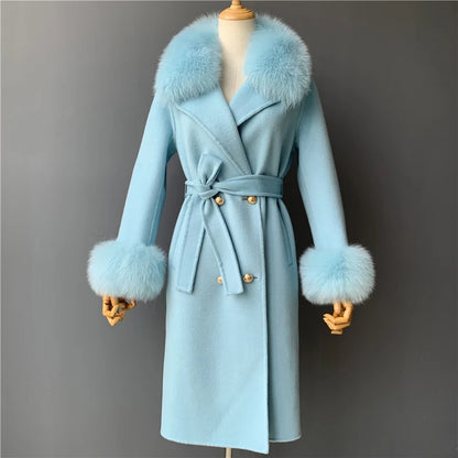 Women's Cashmere Wool Coat Spring Real Fox Fur Collar Woolen Trench Jacket Winter Adjustable Waist Slim Ladies Long Overcoat