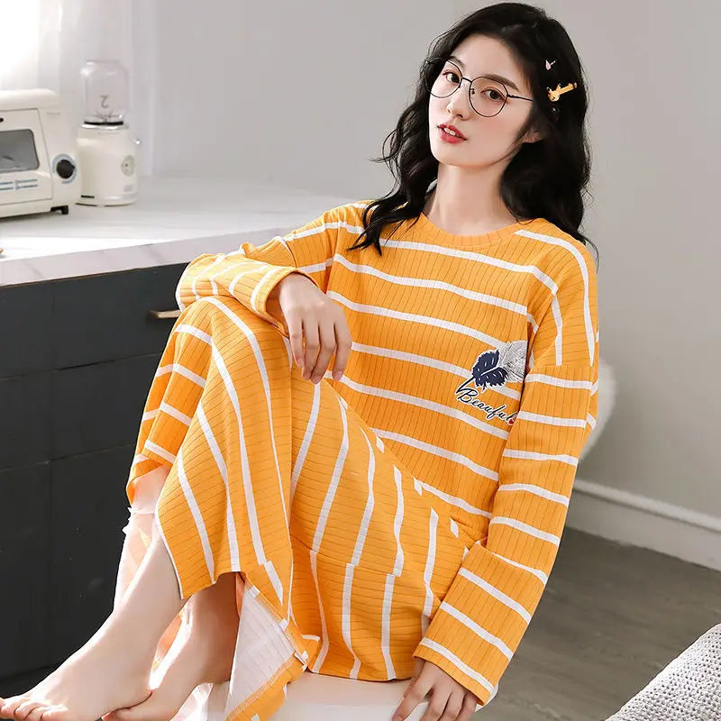 100% Cotton Nightdress Women's Spring Autumn New Long-sleeved Loose Striped Pijamas Female Loose Cute Nightwear