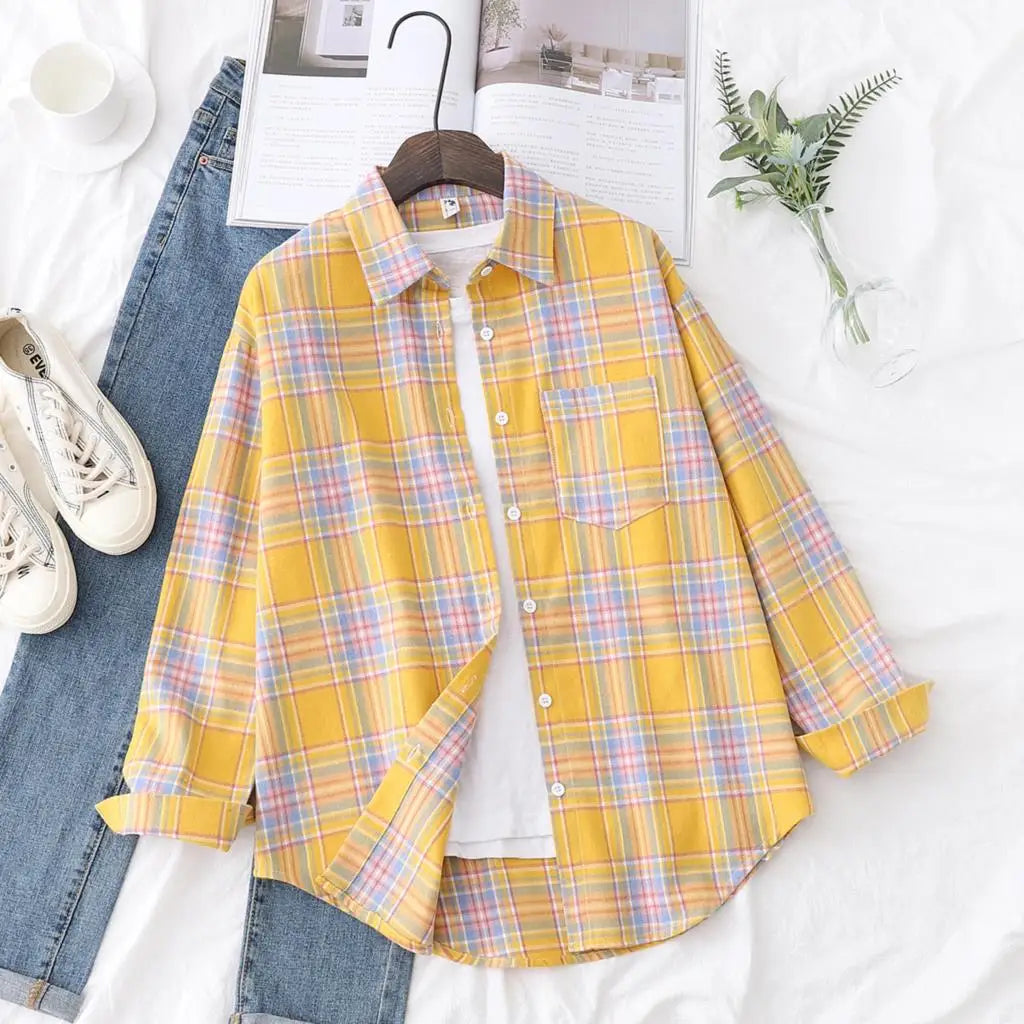 New Fashion Loose Womens Plaid Shirt Fresh College Style Design Blouses And Tops Long Sleeve Casual Female Checked Clothes