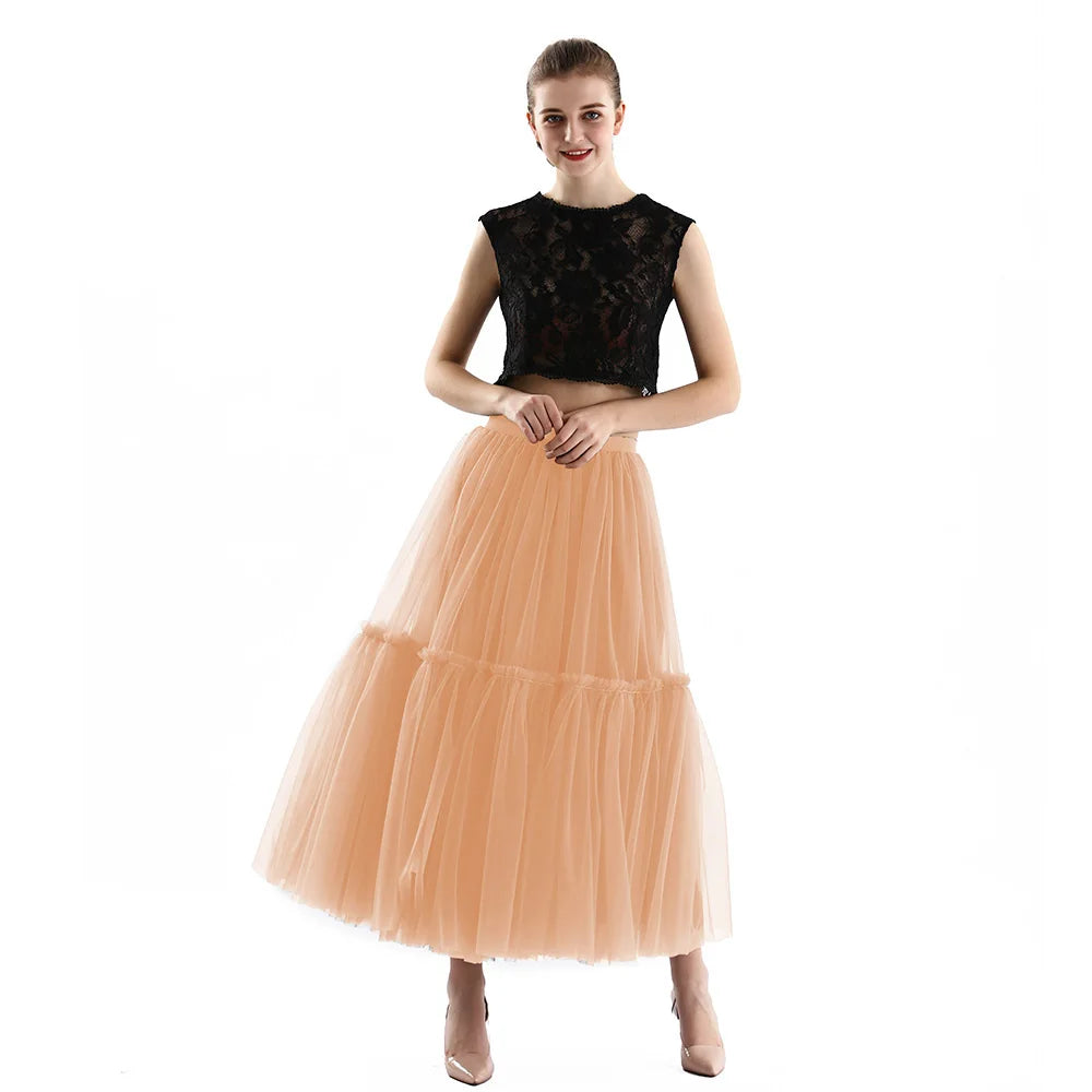 Maxi Long Tulle Skirts for Women Black Gothic Pleated Skirt Casual Party Fairycore Summer Winter Jupe Longue Falda Mujer