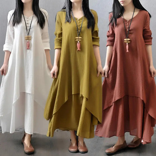 Spring Summer Women Long Cotton Linen Dress